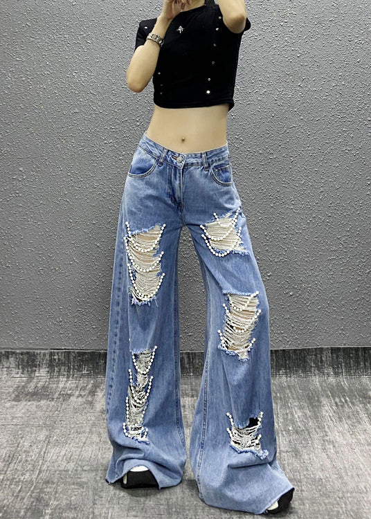 Fashion Blue Bead Decorated Pockets Ripped Denim Wide Leg Pants Spring