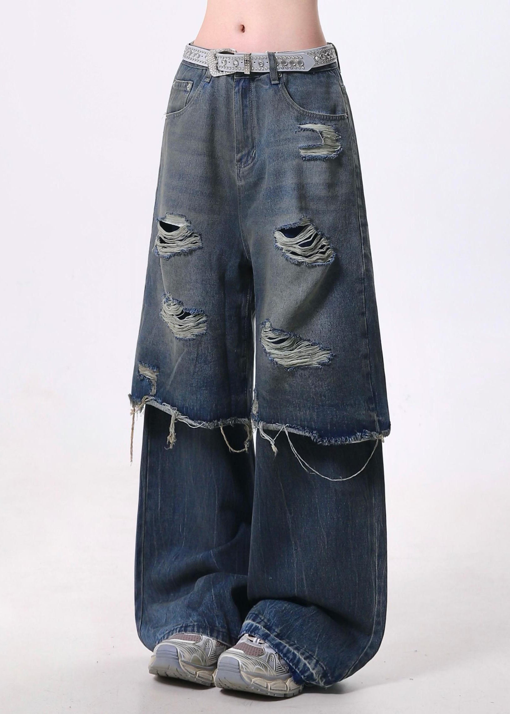 Fashion Blue False Two Pieces Patchwork Ripped Denim Pants Spring