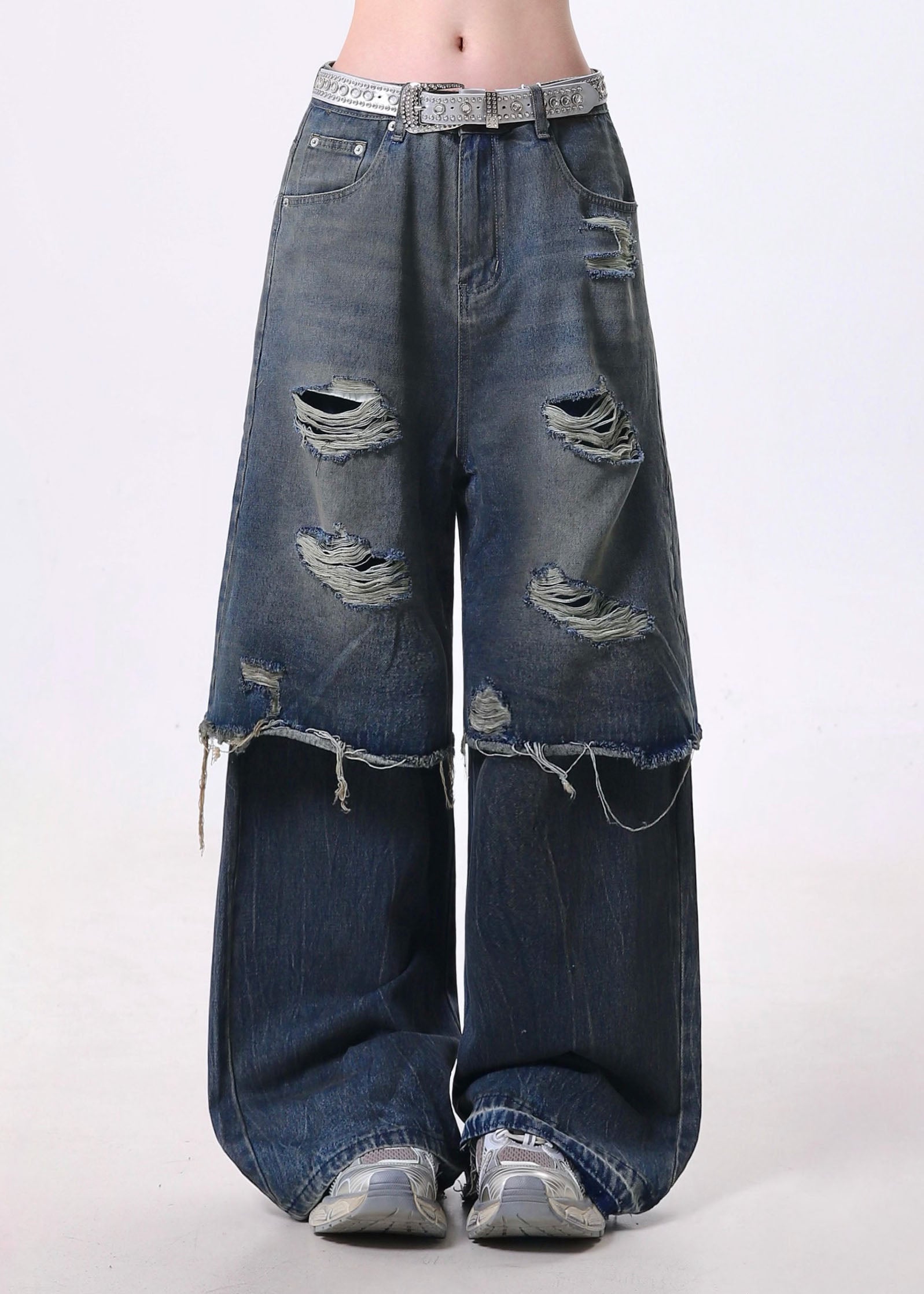 Fashion Blue False Two Pieces Patchwork Ripped Denim Pants Spring