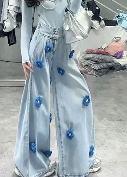 Fashion Blue High Waist Floral Decorated Denim Wide Leg Pants Spring