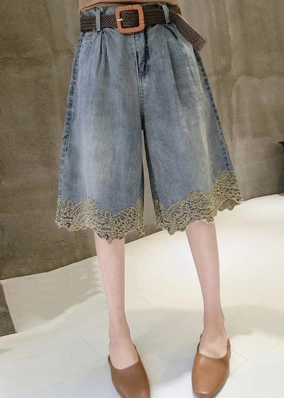 Fashion Blue High Waist Lace Patchwork Denim Shorts Summer