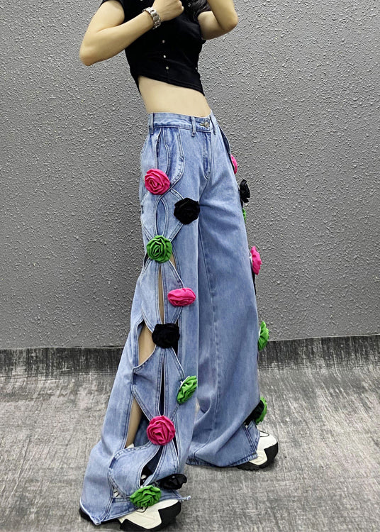 Fashion Blue Hollow Out Floral Patchwork Denim Pants Spring