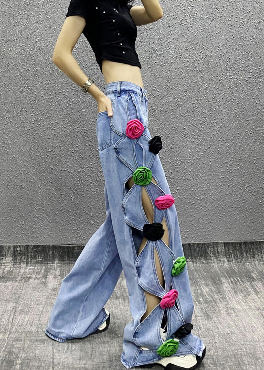 Fashion Blue Hollow Out Floral Patchwork Denim Pants Spring