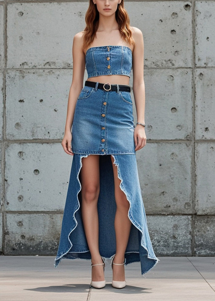 Fashion Blue Low High Design Patchwork Denim Skirts Spring