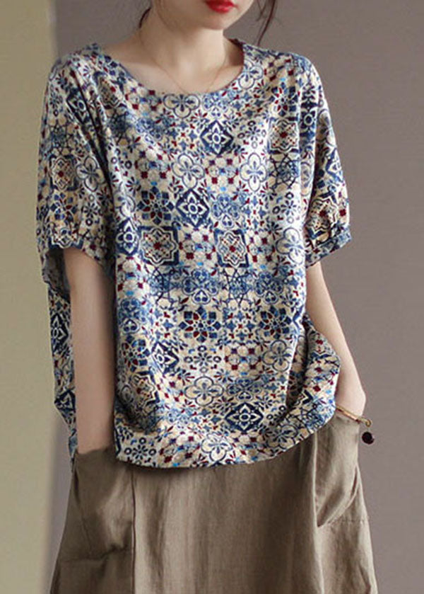 Fashion Blue O-Neck Original Design Print Linen Tank Short Sleeve