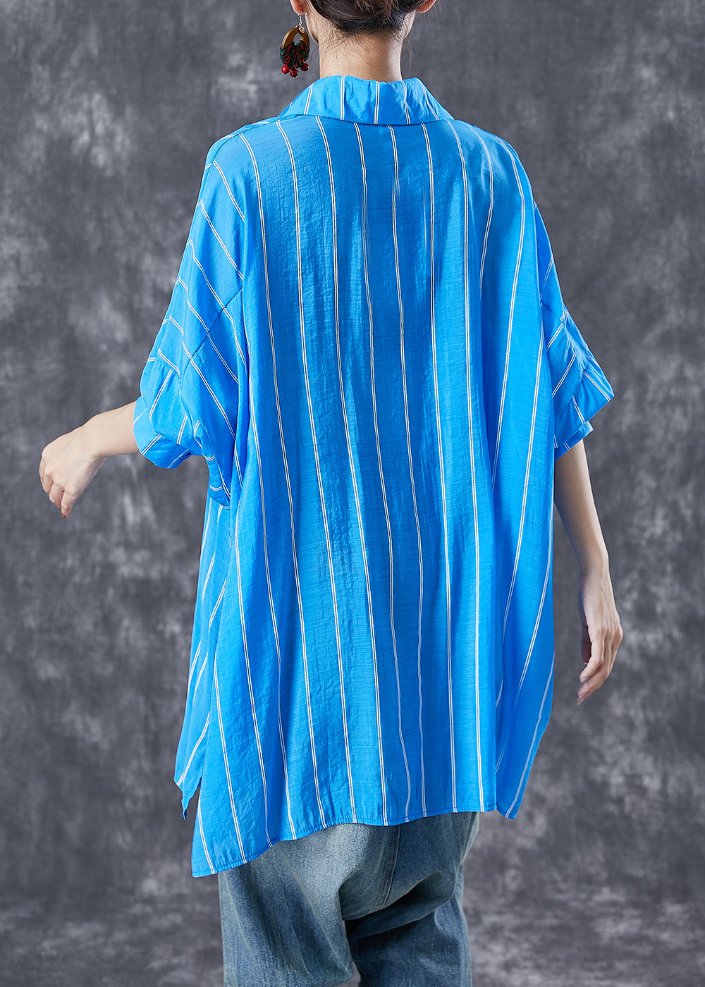 Fashion Blue Oversized Striped Cotton Shirt Tops Summer