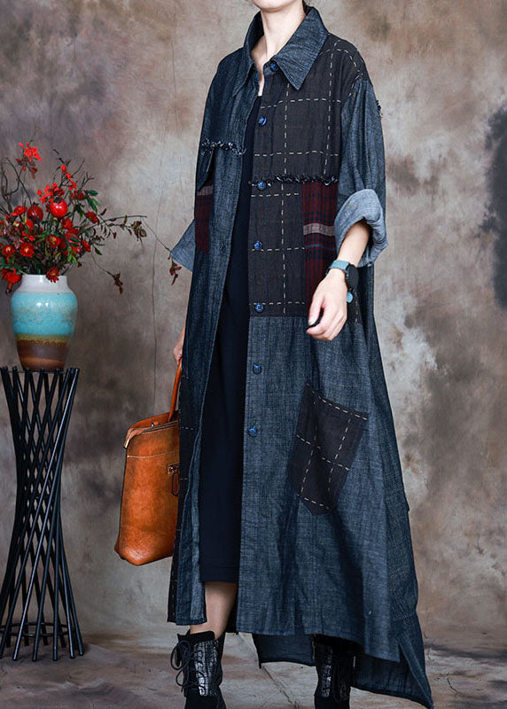 Fashion Blue PeterPan Collar Plaid Patchwork denim Winter Coat