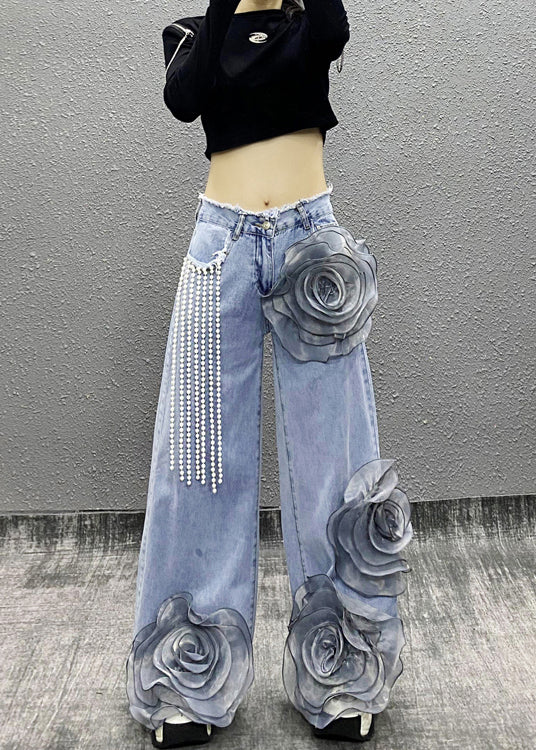 Fashion Blue Pockets Floral Bead Tassel Denim Pants Spring