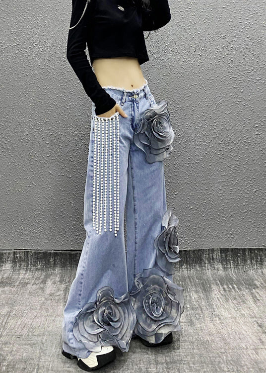 Fashion Blue Pockets Floral Bead Tassel Denim Pants Spring