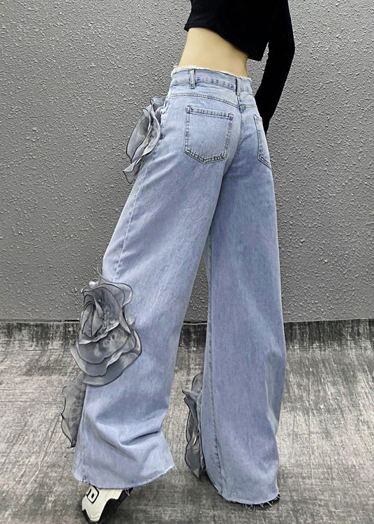 Fashion Blue Pockets Floral Bead Tassel Denim Pants Spring