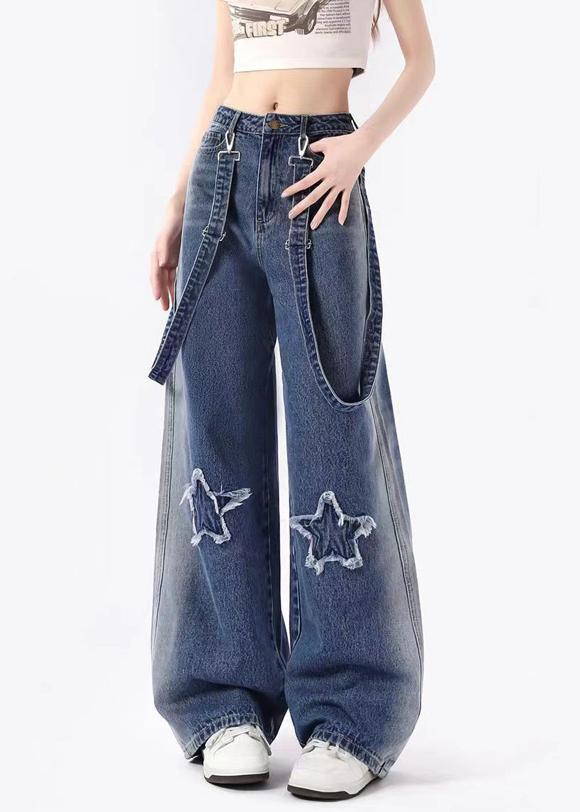 Fashion Blue Pockets Patch Denim Straight Pants Spring