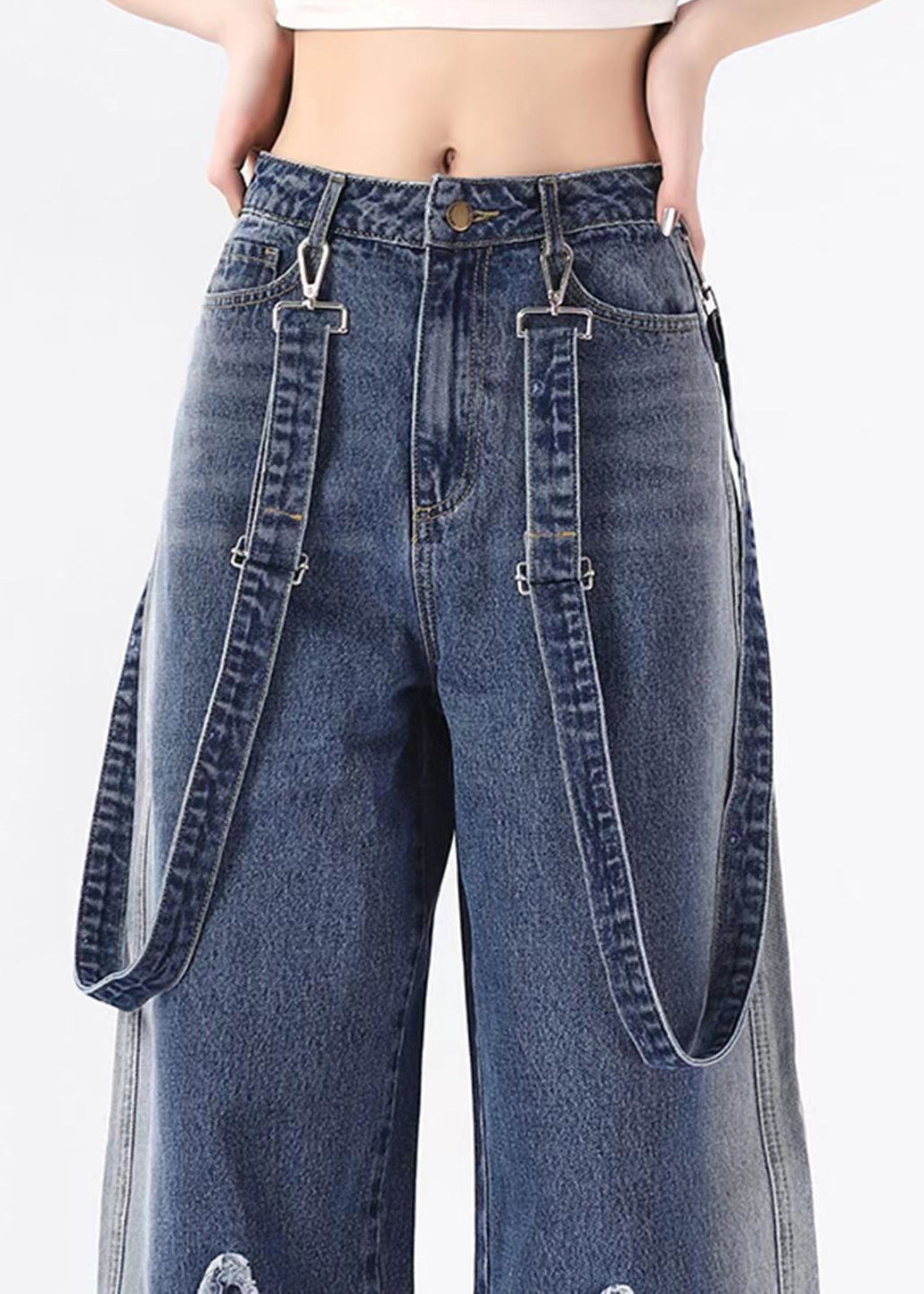 Fashion Blue Pockets Patch Denim Straight Pants Spring