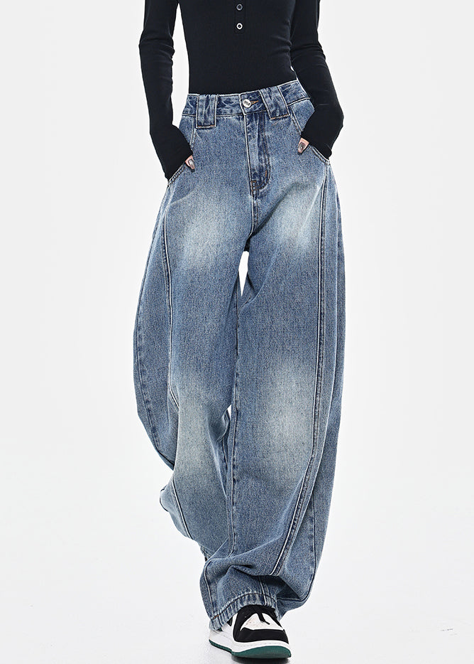 Fashion Blue Pockets Patchwork High Waist Denim Pants Spring