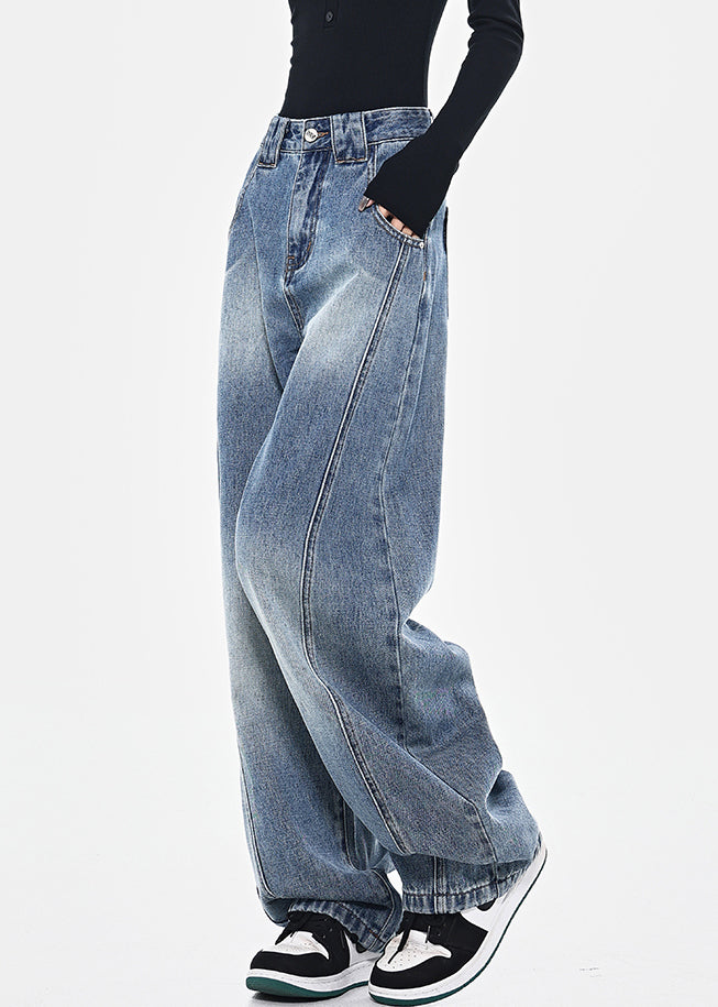 Fashion Blue Pockets Patchwork High Waist Denim Pants Spring