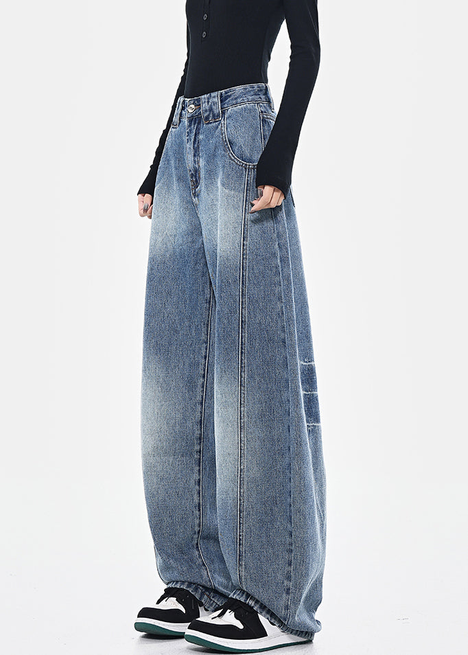 Fashion Blue Pockets Patchwork High Waist Denim Pants Spring