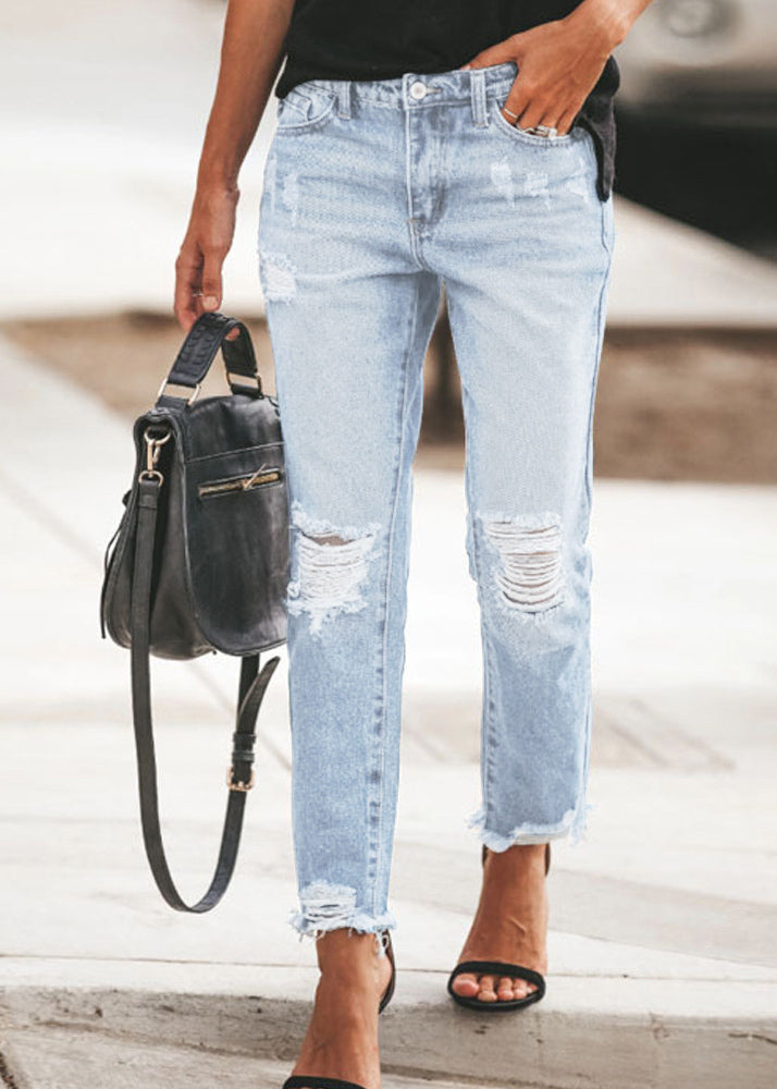 Fashion Blue Pockets Ripped Denim Pants Summer