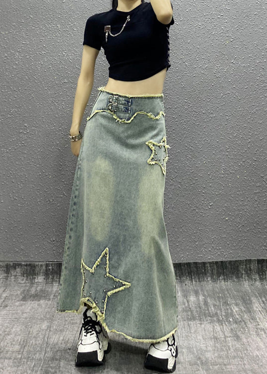 Fashion Blue Tasseled Nail Bead High Waist Denim Skirts Spring