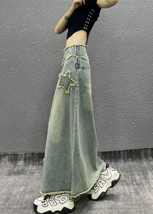 Fashion Blue Tasseled Nail Bead High Waist Denim Skirts Spring