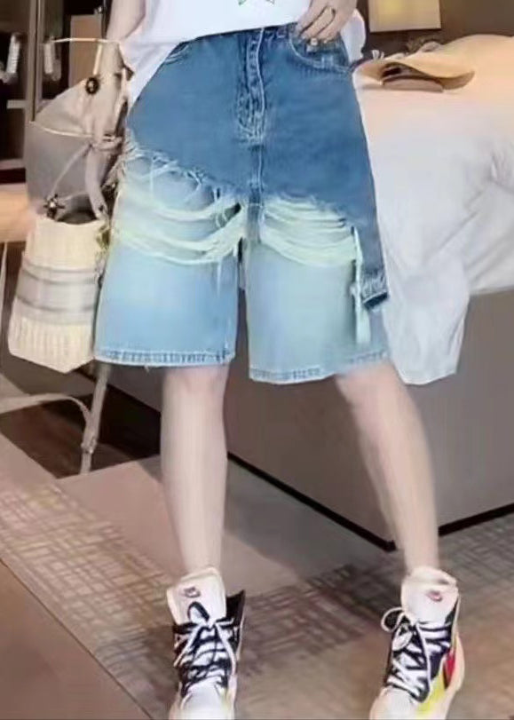 Fashion Blue Tasseled Patchwork False Two Pieces Denim Shorts Summer