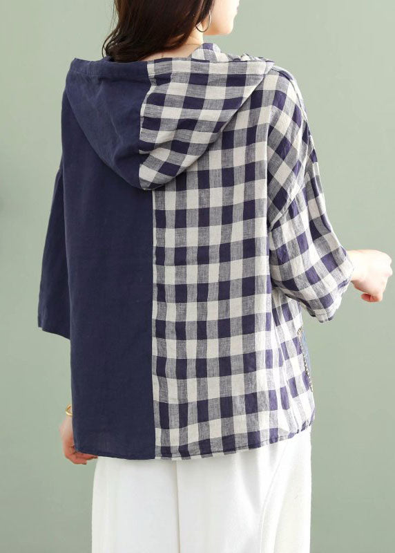 Fashion Blue hooded Plaid Patchwork drawstring Fall Tops Half Sleeve