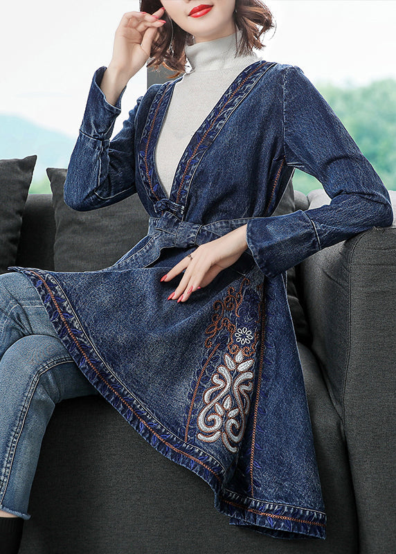 Fashion Blue low high design V Neck Embroideried Cotton Denim trench coats Long Sleeve