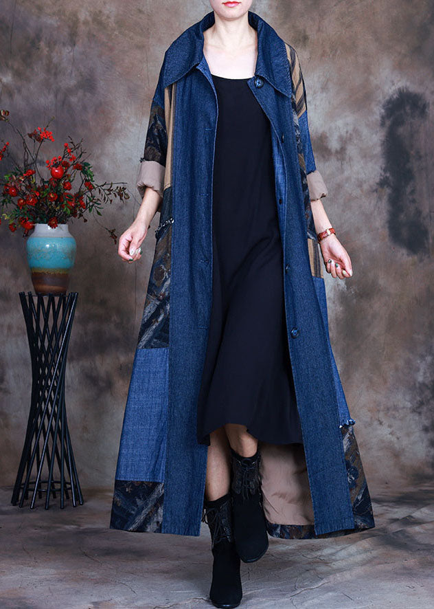 Fashion Blue tie waist Peter Pan Collar Patchwork Cotton denim Trench Spring