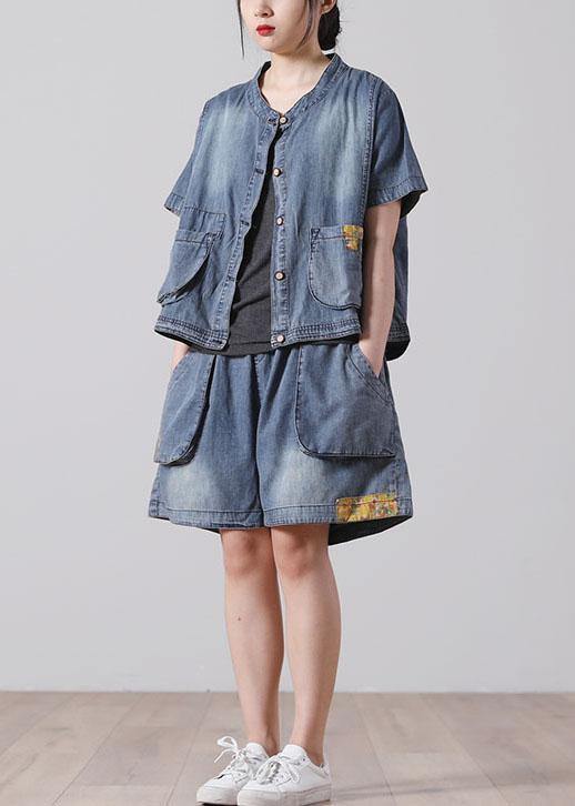 Fashion Button Blue Short Sleeve tops hot pants Denim Two Piece Suit Set