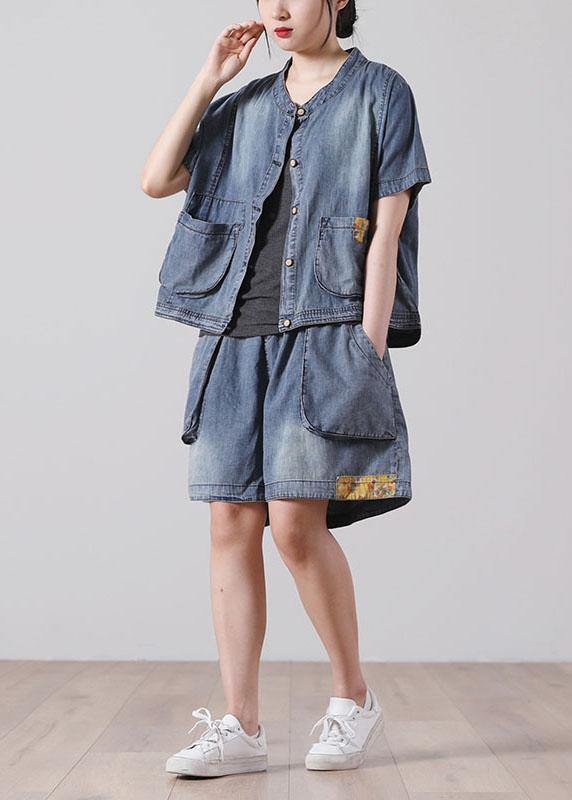 Fashion Button Blue Short Sleeve tops hot pants Denim Two Piece Suit Set