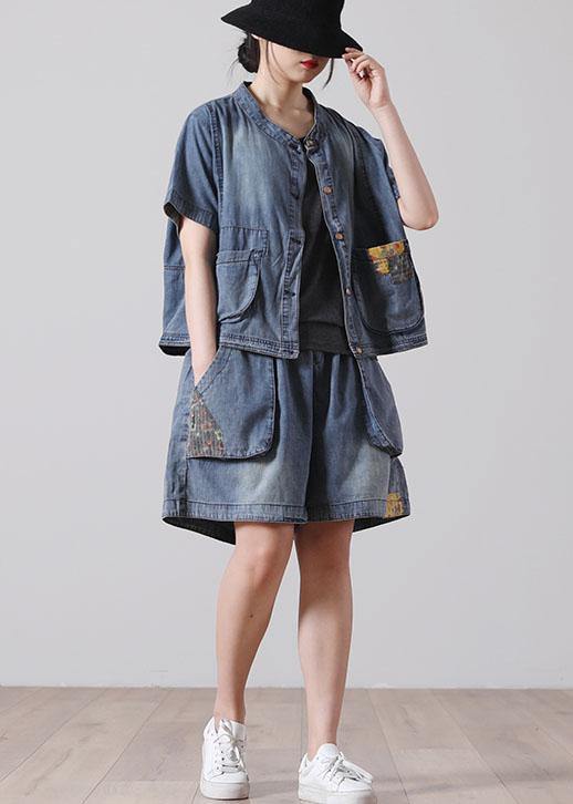 Fashion Button Blue Short Sleeve tops hot pants Denim Two Piece Suit Set