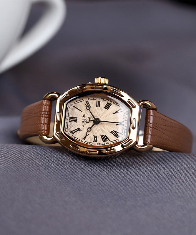 Fashion Coffee Leather Alloy Patchwork Tempered Glass Watch