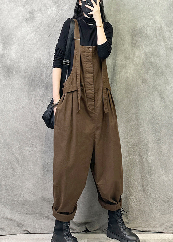 Fashion Coffee Pockets Patchwork Cotton Strap Pants Summer