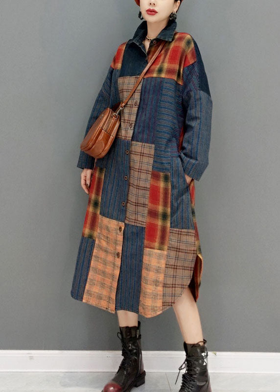 Fashion Colorblock button side open Peter Pan Collar Patchwork Plaid coats Spring