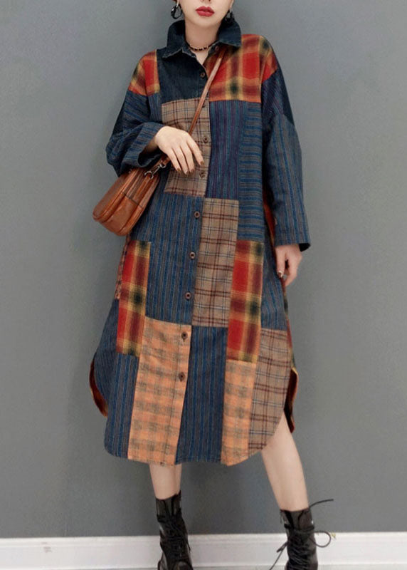 Fashion Colorblock button side open Peter Pan Collar Patchwork Plaid coats Spring