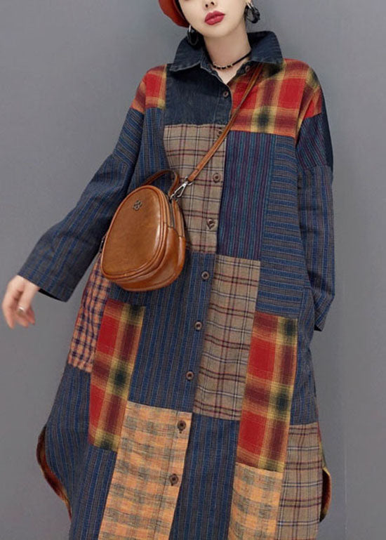 Fashion Colorblock button side open Peter Pan Collar Patchwork Plaid coats Spring