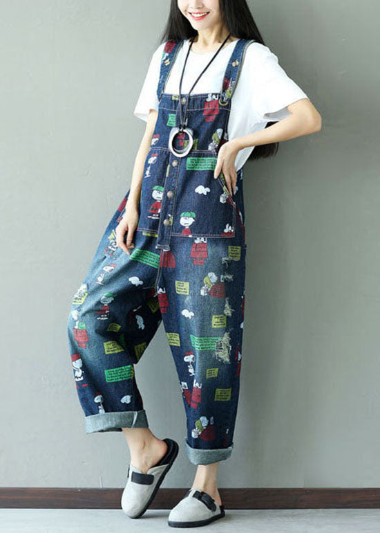 Fashion Dark Blue Print Jumpsuits pockets Summer