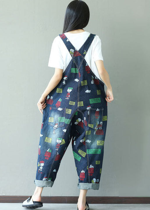 Fashion Dark Blue Print Jumpsuits pockets Summer