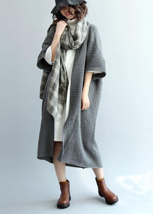 Fashion Dark Gray Bat Wing Sleeve Pockets Fall Knitwear Coat