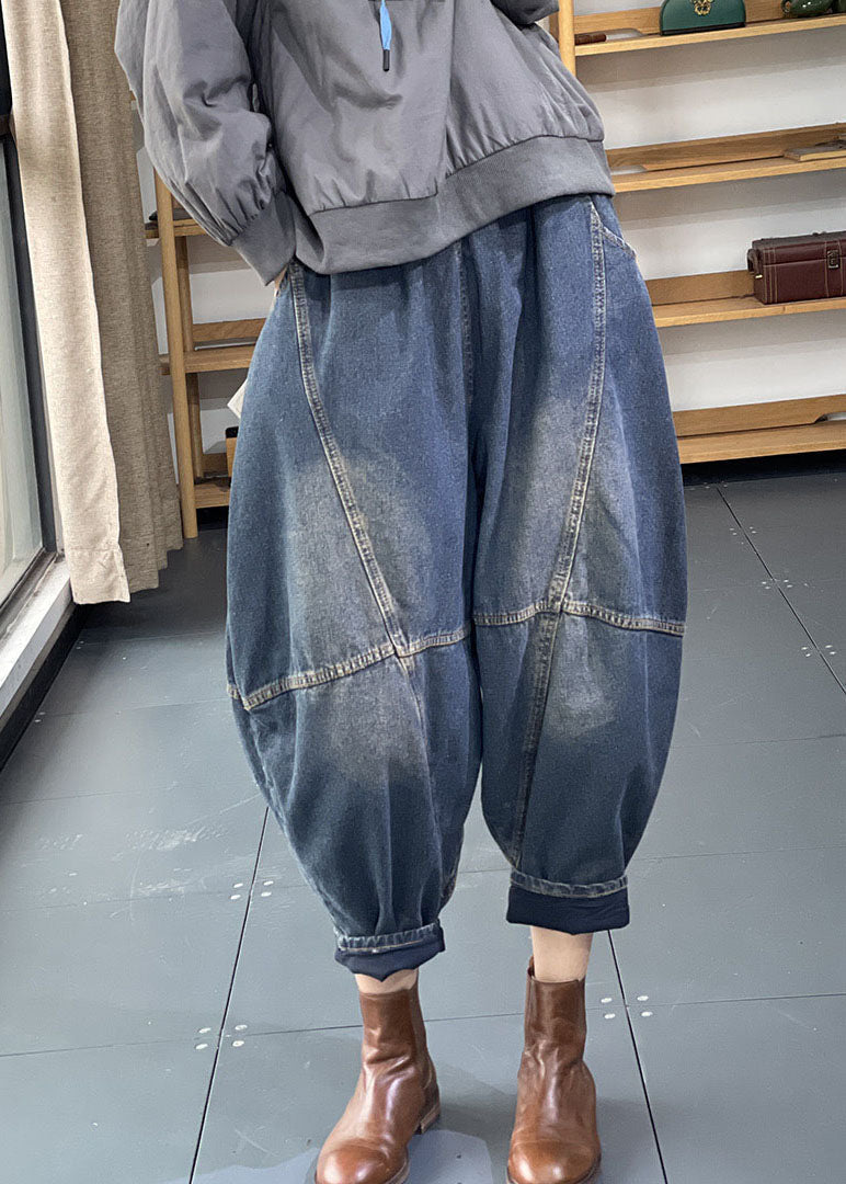 Fashion Denim Blue Elastic Waist Oversized Patchwork Cotton Harem Pants Fall