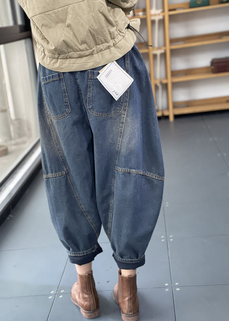 Fashion Denim Blue Elastic Waist Oversized Patchwork Cotton Harem Pants Fall