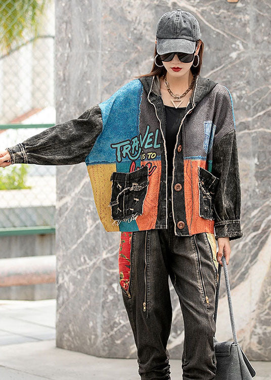 Fashion Denim Loose Patchwork Print Pockets Fall Long Sleeve Coat