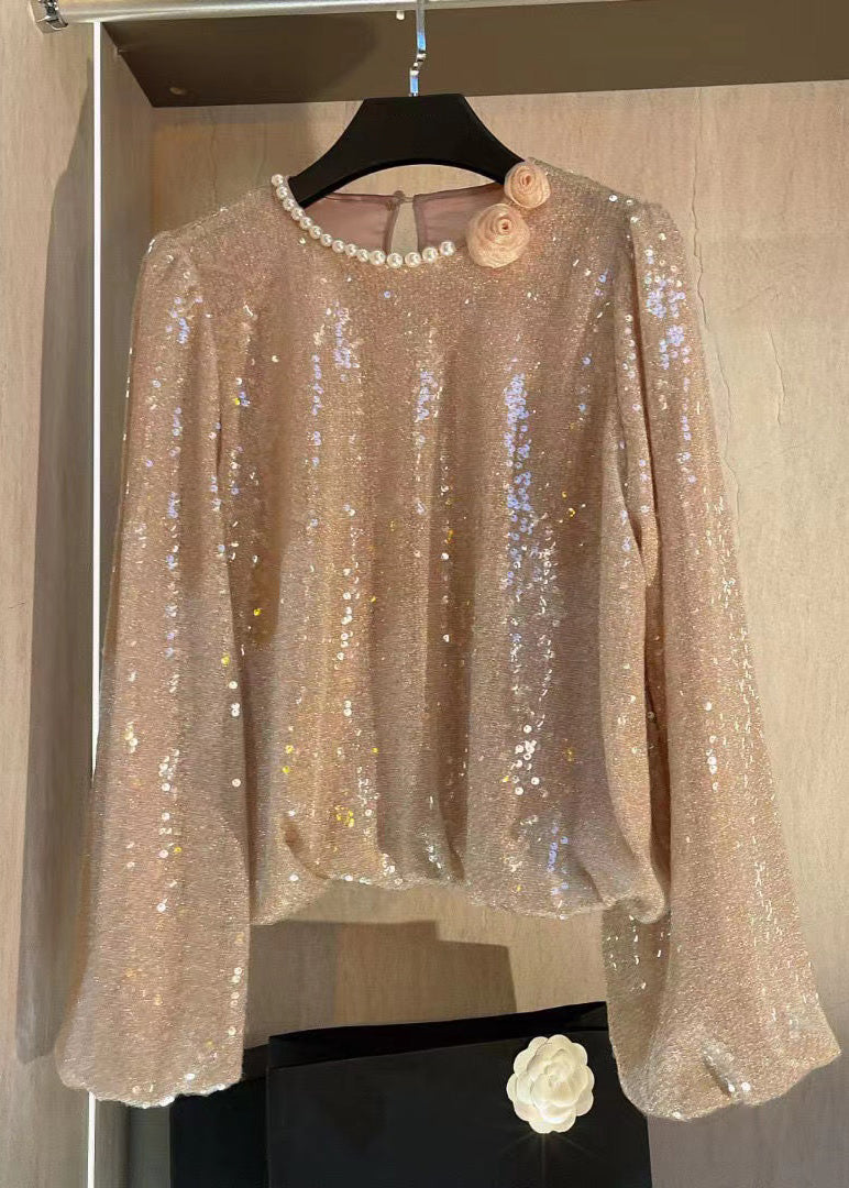 Fashion Floral Pearl Embellished Lantern Sleeve Sequin Shirt