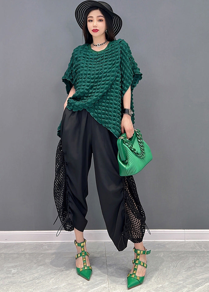 Fashion Green Asymmetrical Design Hollow Out Top And Crop Pant Two Piece Set Outfits Summer