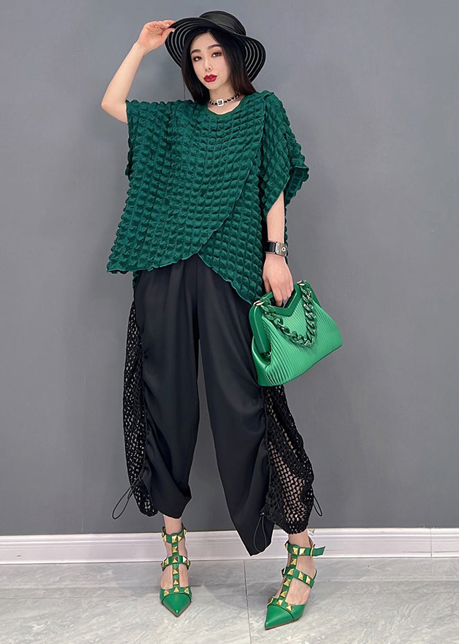 Fashion Green Asymmetrical Design Hollow Out Top And Crop Pant Two Piece Set Outfits Summer