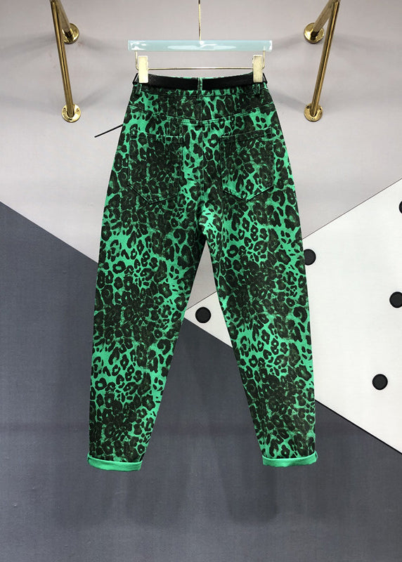 Fashion Green Leopard Pockets Patchwork Denim Pants Fall