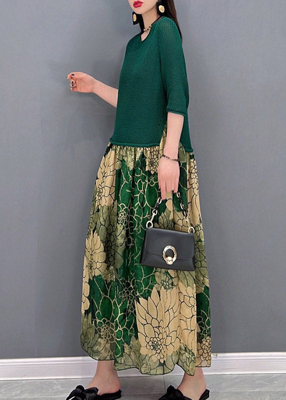 Fashion Green O-Neck Chiffon Patchwork Print Knit Long Dress Half Sleeve