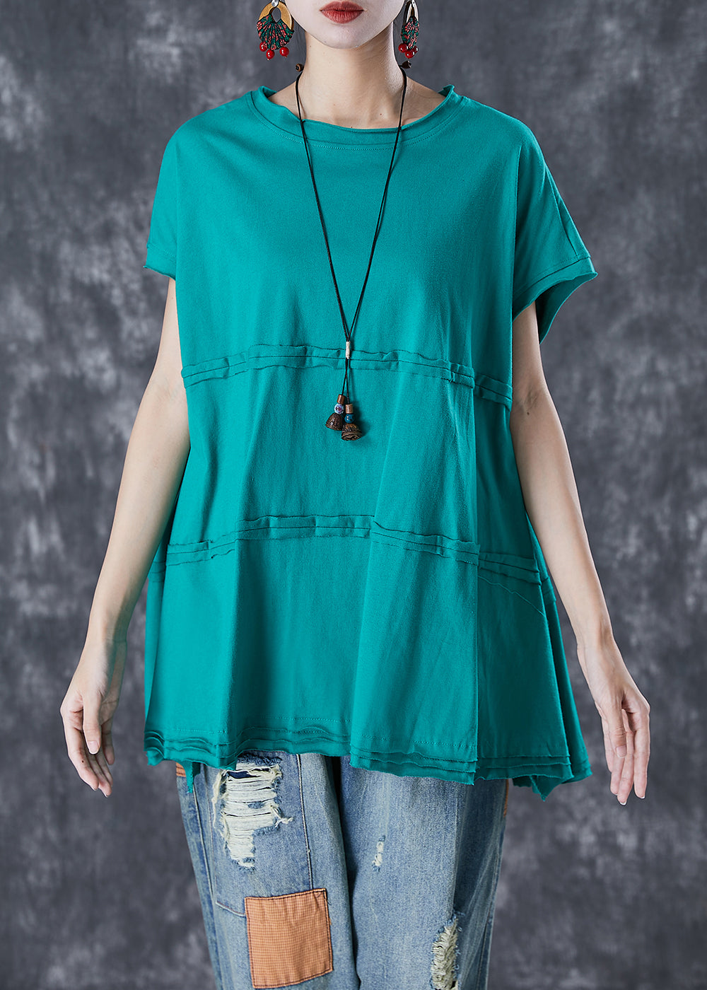 Fashion Green Oversized Patchwork Cotton Top Summer