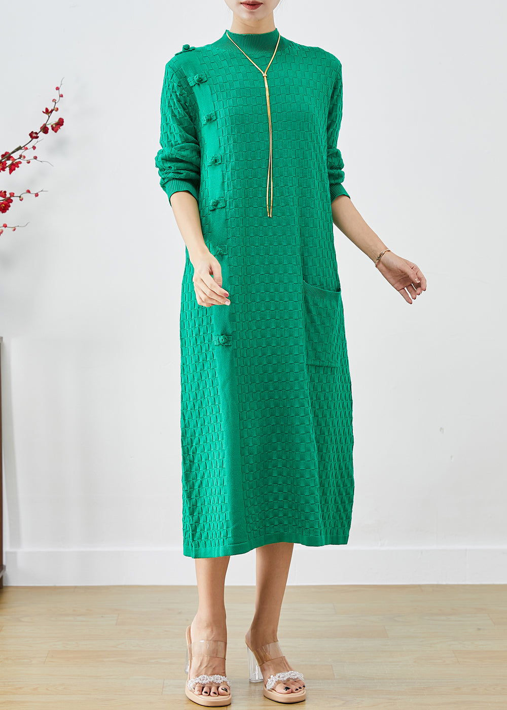 Fashion Green Plaid Chinese Button Knitwear Dress Winter