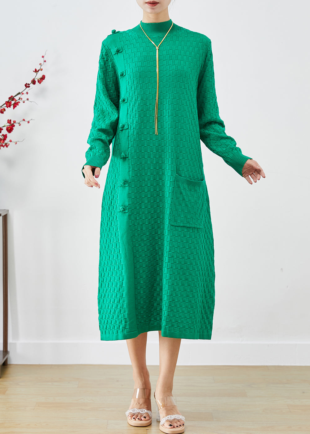 Fashion Green Plaid Chinese Button Knitwear Dress Winter