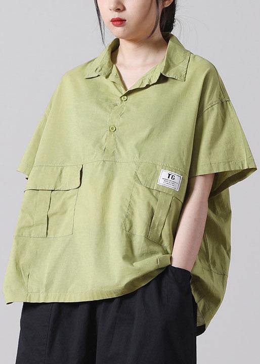 Fashion Green Pockets casual Cotton Blouse Tops Short Sleeve