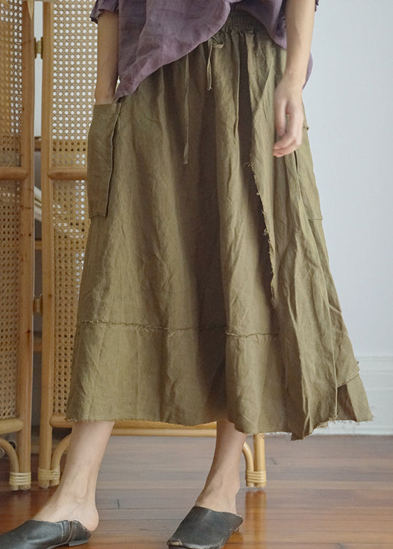 Fashion Green elastic waist drawstring Asymmetrical pocket Linen Skirt Spring